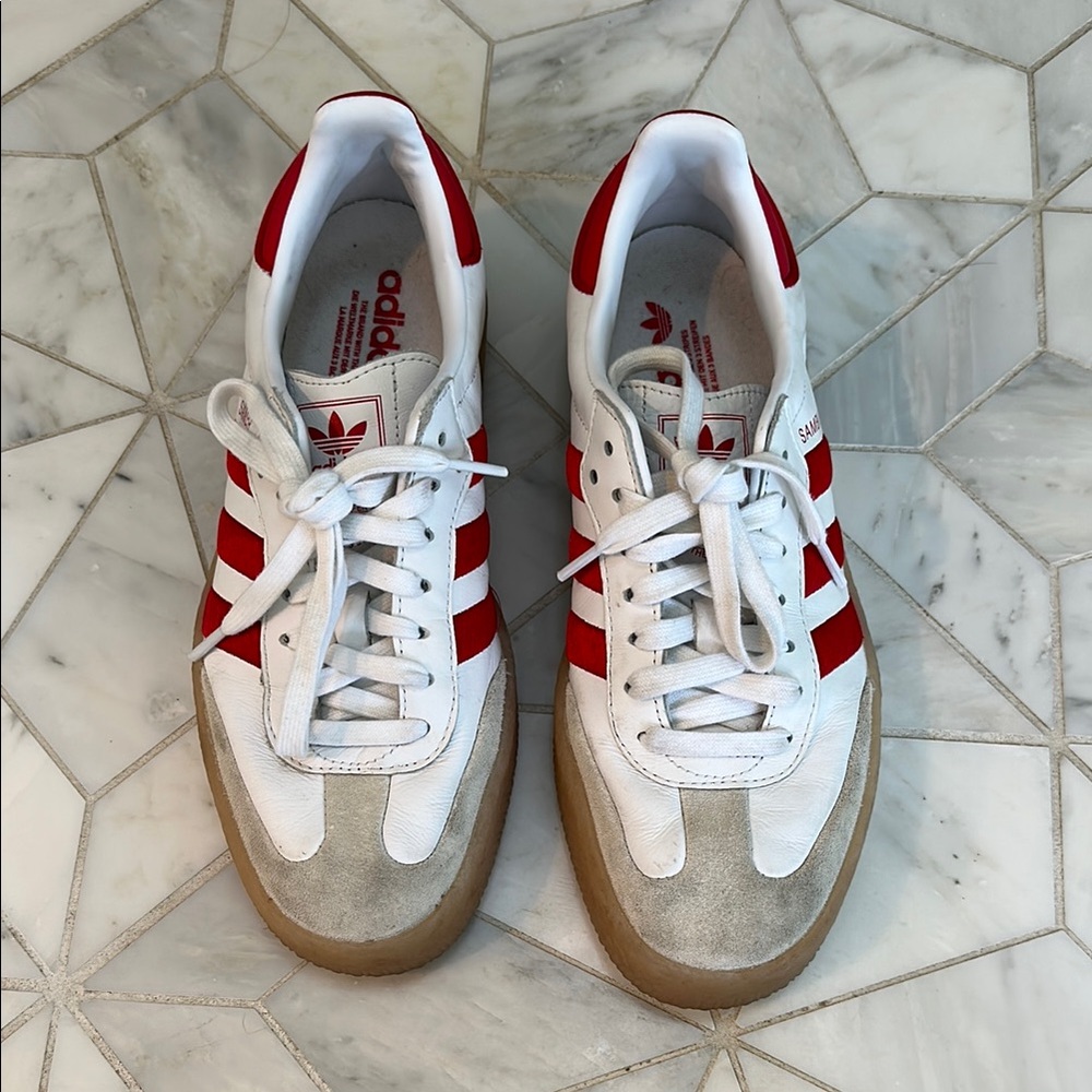Adidas Red and White Platform Samba Sneakers
